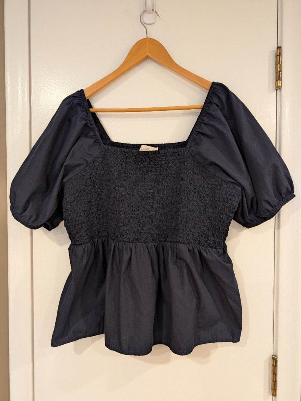 Loft Navy Puff Sleeve Smocked Peplum Cotton Top - Size XL